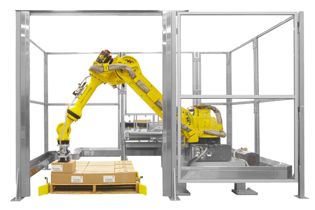 A yellow robot is palletizing boxes.