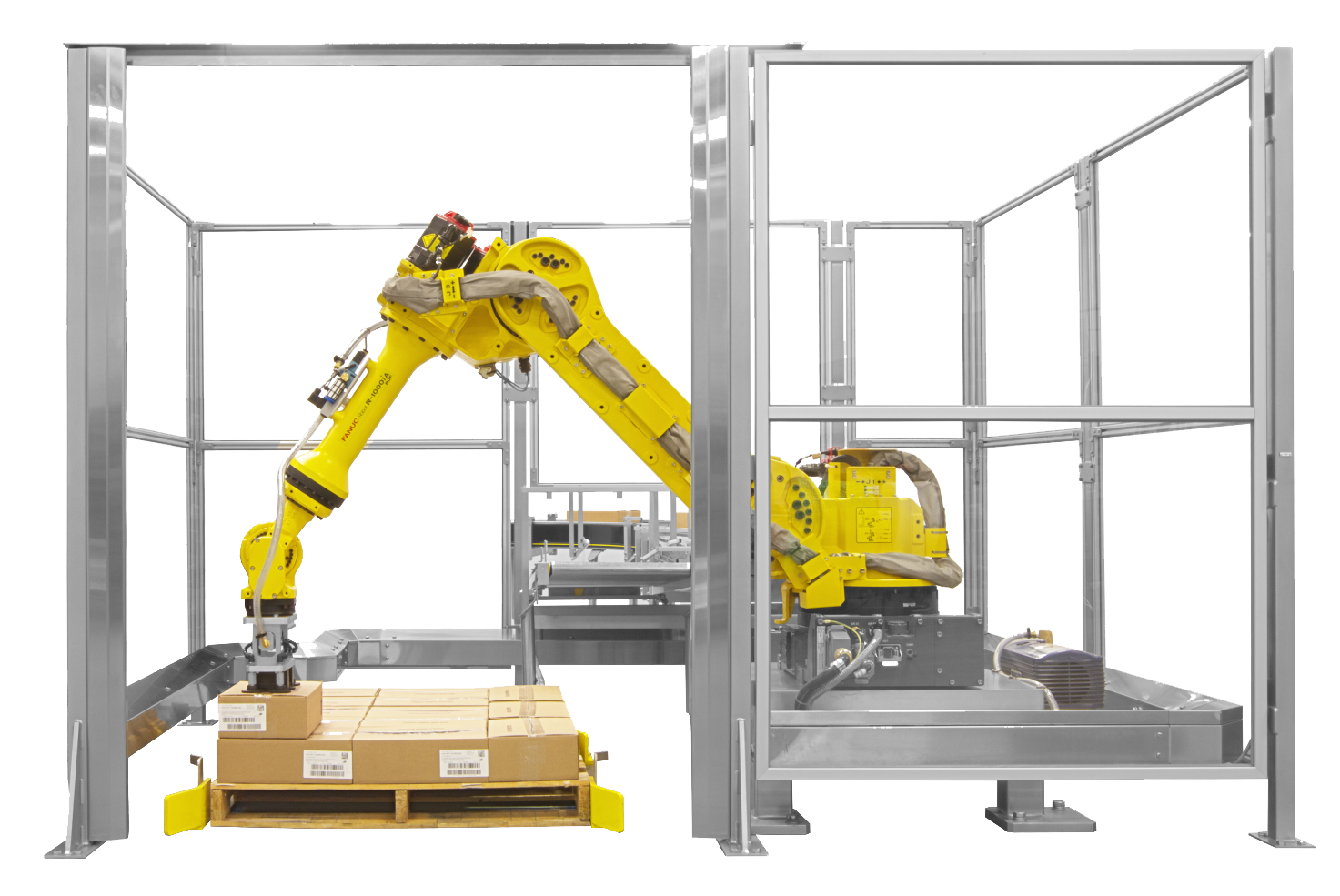 A yellow robot is palletizing boxes.